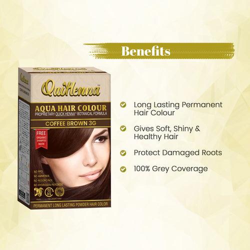 QuikHenna, AQUA Powder Hair Color 3G COFFEE BROWN for Men & Women, 110GM | Permanent Long Lasting Hair Color | Free from PPD, Resorcinols, Peroxides, Ammonia & Harsh Chemicals