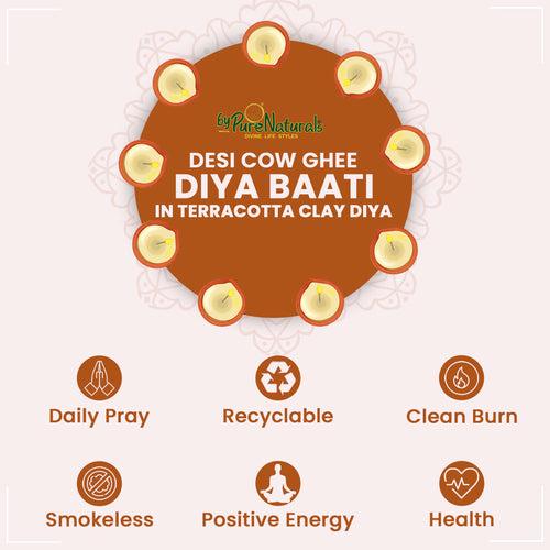 ByPureNaturals Desi Cow Ghee Diya Baati in Terracotta Clay Diya for Pooja - 12pcs