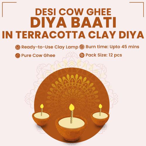 ByPureNaturals Desi Cow Ghee Diya Baati in Terracotta Clay Diya for Pooja - 12pcs