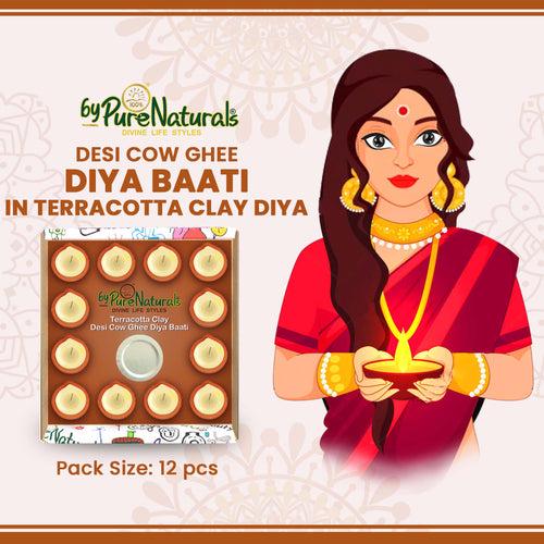 ByPureNaturals Desi Cow Ghee Diya Baati in Terracotta Clay Diya for Pooja - 12pcs