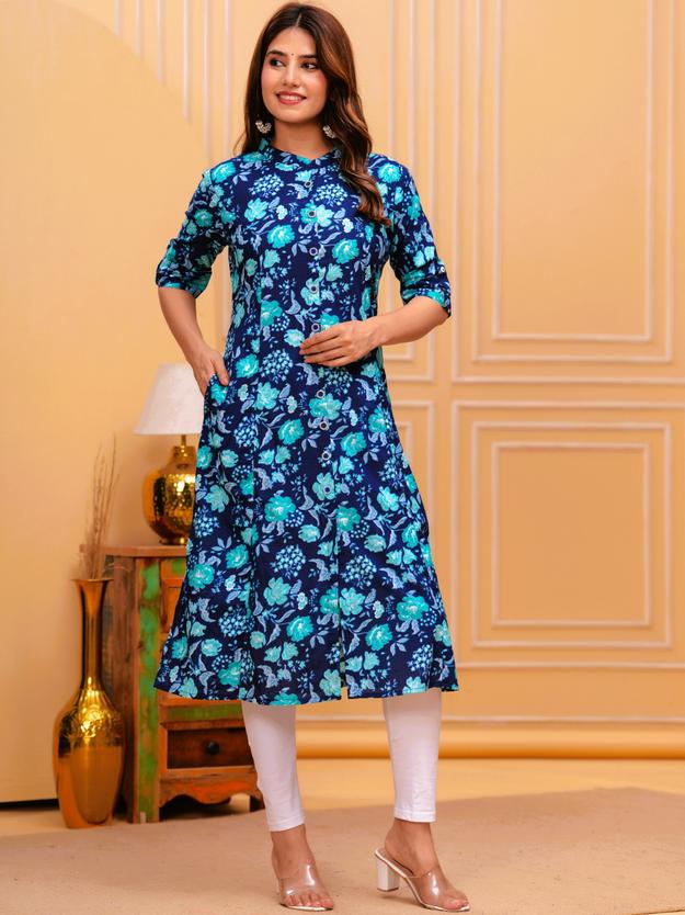 Women Blue Cotton Floral A-Line Kurta