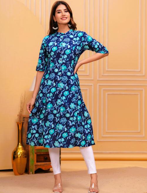 Women Blue Cotton Floral A-Line Kurta