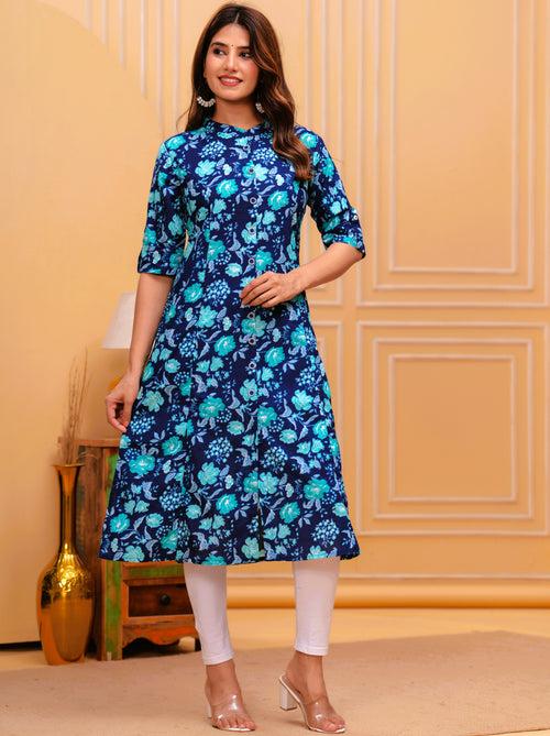 Women Blue Cotton Floral A-Line Kurta