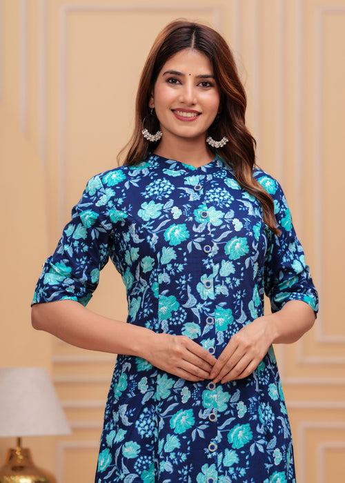 Women Blue Cotton Floral A-Line Kurta