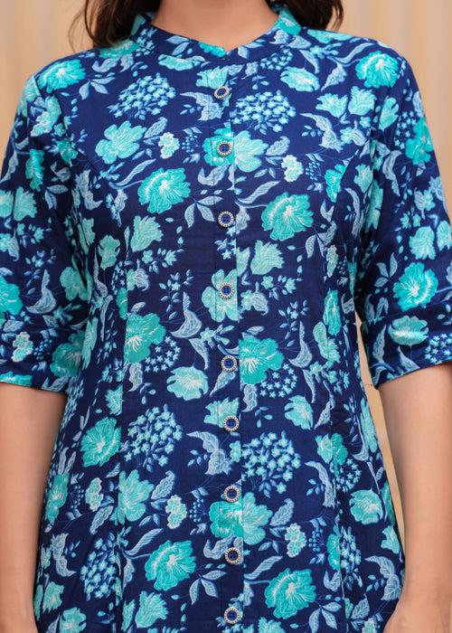 Women Blue Cotton Floral A-Line Kurta