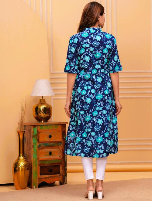 Women Blue Cotton Floral A-Line Kurta