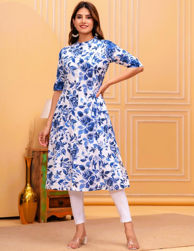 Women White & Blue Pure Cotton Floral A-Line Kurta