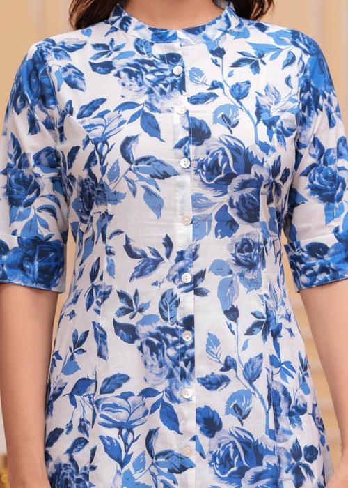 Women White & Blue Pure Cotton Floral A-Line Kurta