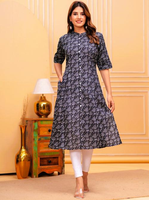 Women Black Cotton Floral A-Line Kurta