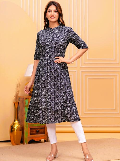 Women Black Cotton Floral A-Line Kurta