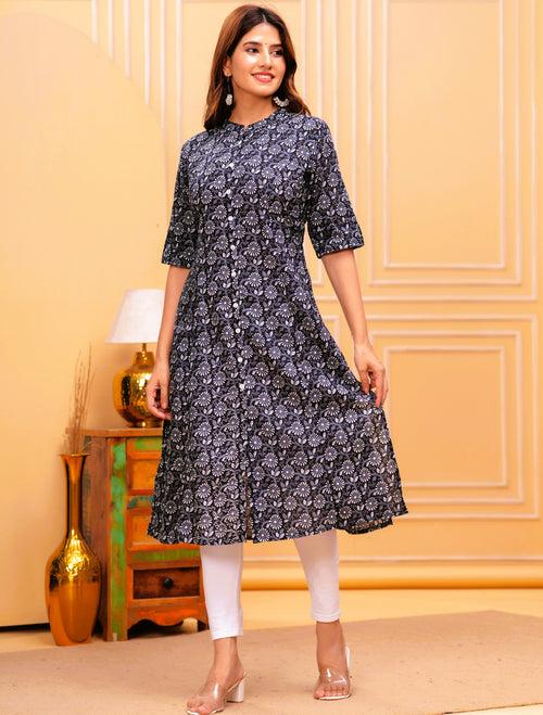 Women Black Cotton Floral A-Line Kurta