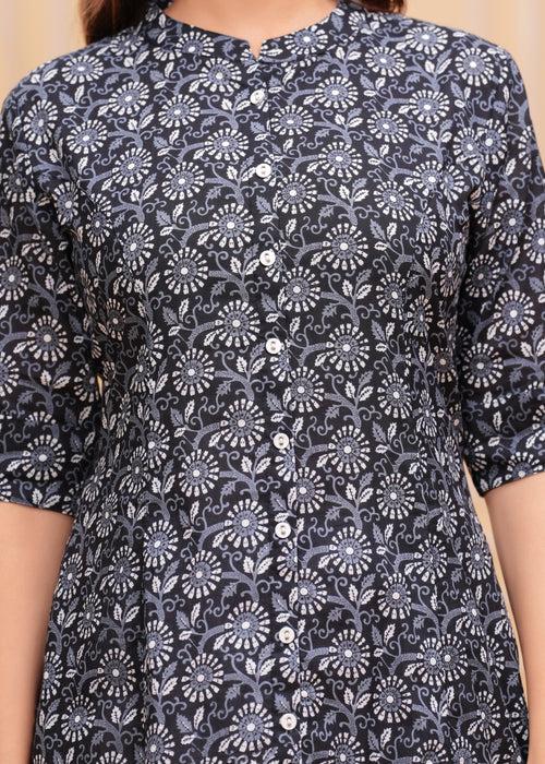 Women Black Cotton Floral A-Line Kurta