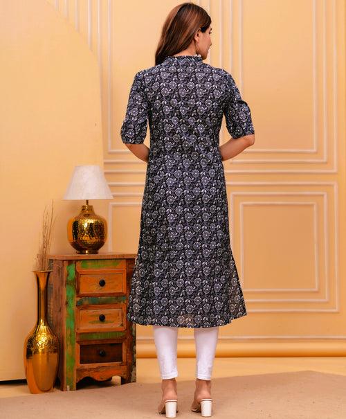 Women Black Cotton Floral A-Line Kurta