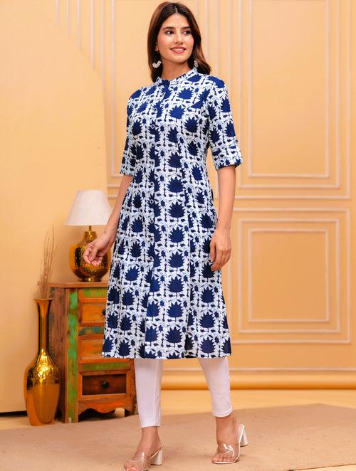 Women Blue and White Pure Cotton Geometric A-Line Kurta