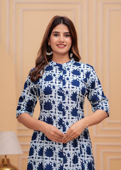 Women Blue and White Pure Cotton Geometric A-Line Kurta