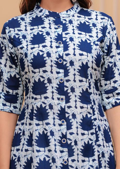 Women Blue and White Pure Cotton Geometric A-Line Kurta