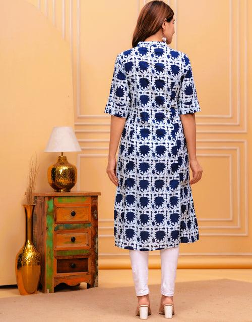 Women Blue and White Pure Cotton Geometric A-Line Kurta