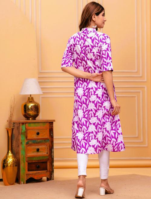 Women Purple Pure Cotton Floral A-Line Kurta