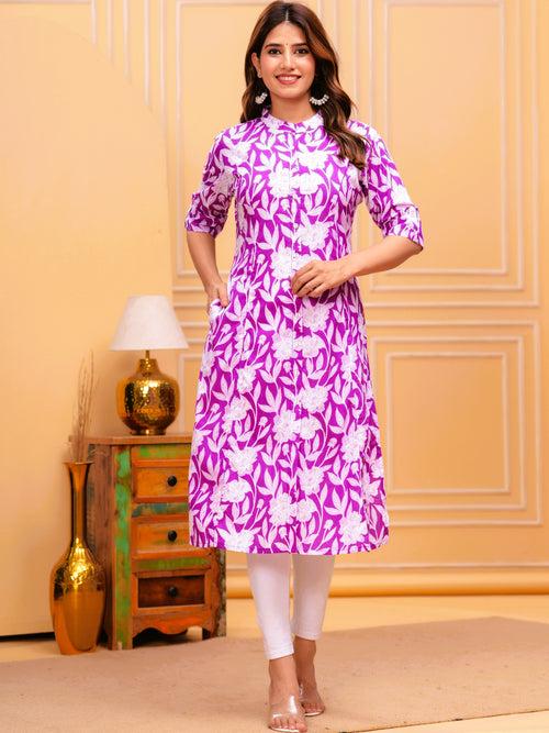 Women Purple Pure Cotton Floral A-Line Kurta