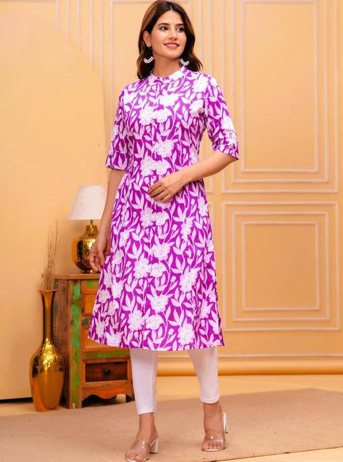 Women Purple Pure Cotton Floral A-Line Kurta