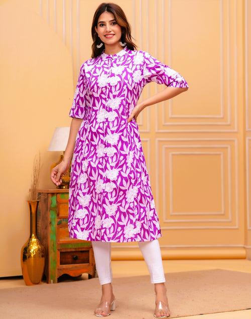 Women Purple Pure Cotton Floral A-Line Kurta