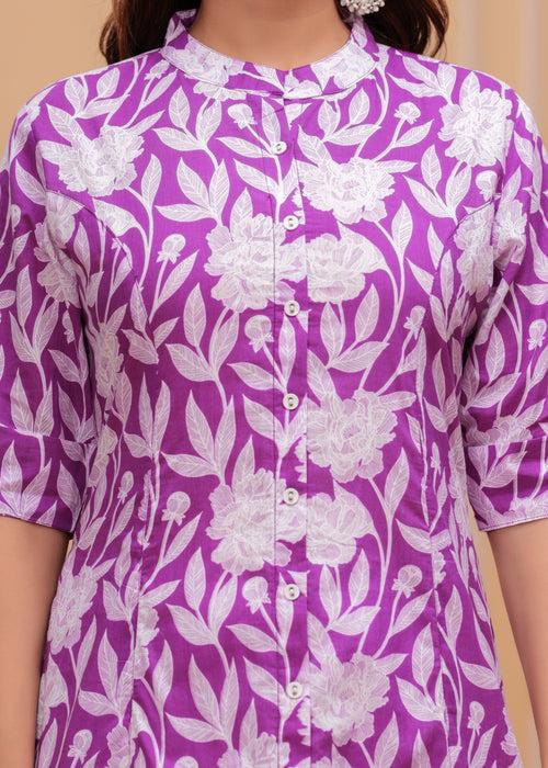 Women Purple Pure Cotton Floral A-Line Kurta