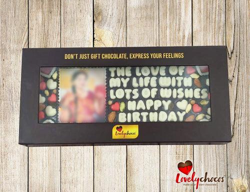 Personalized chocolate message with photo for wife birthday.