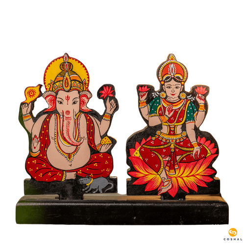 COSHAL Laxmi Ganesh Set Idol Showpiece, Wooden Hand Painted Plated Lakshmi Ganesha Idols for Diwali Gifts Puja, Set 1