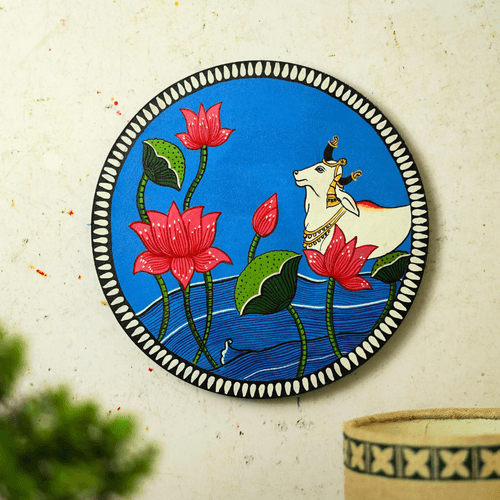 Nandi Pichwai Hand-Painted Wall Plate | Artistic Wall Decor for Home and Office Art from Rajasthan | Coshal | S15