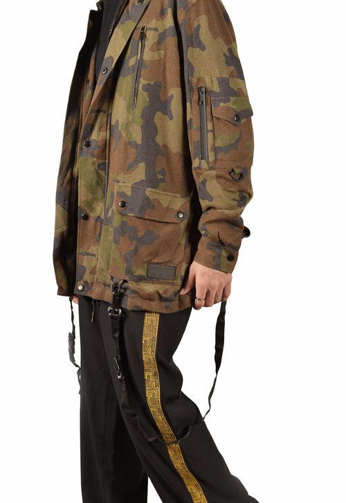 Textured Camoflage Print Hooded Jackets With Straps