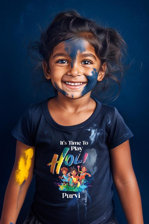 It's Time To Play Holi Kids T Shirt w/ Custom Name