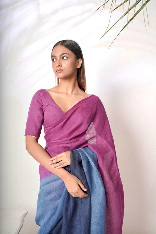Neel Gagan I Blue and Purple Handloom Linen Saree