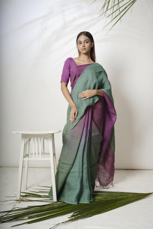 Meher I Green and Purple Linen Saree