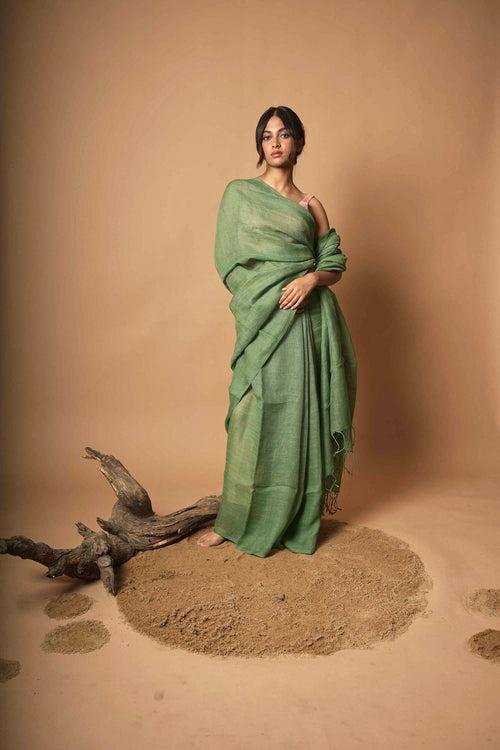 Rimjhim Saavan I Green Handloom Linen Saree