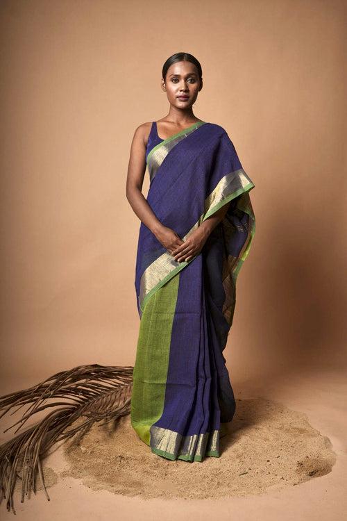 Manmohan Morni I Blue and Green Handloom Linen Saree