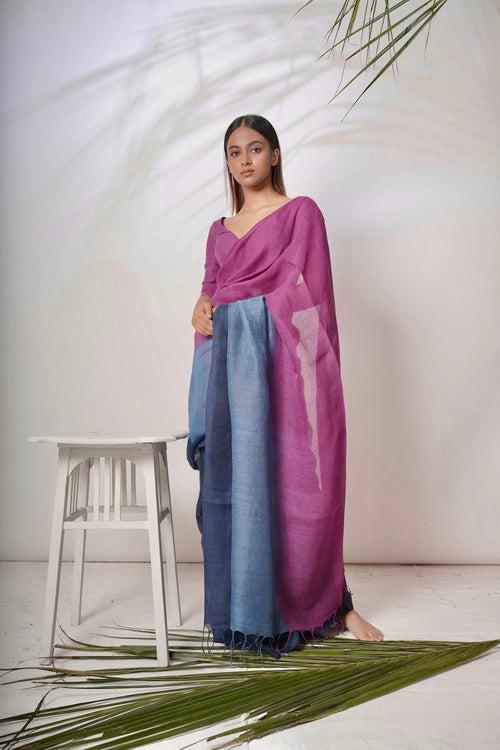 Neel Gagan I Blue and Purple Handloom Linen Saree