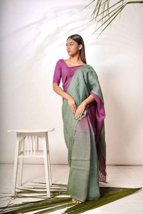 Meher I Green and Purple Linen Saree