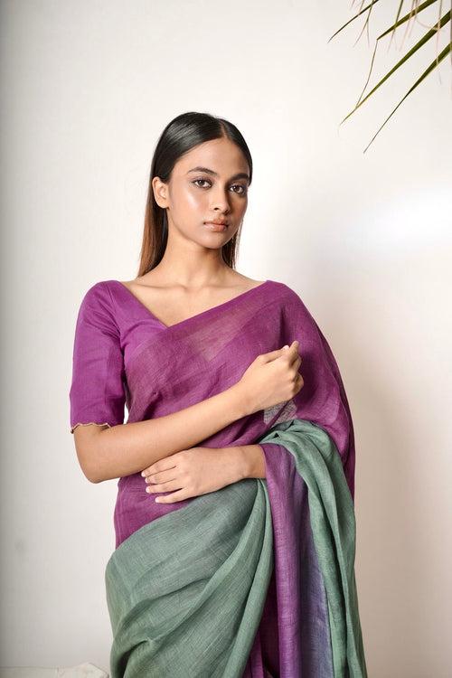 Meher I Green and Purple Linen Saree