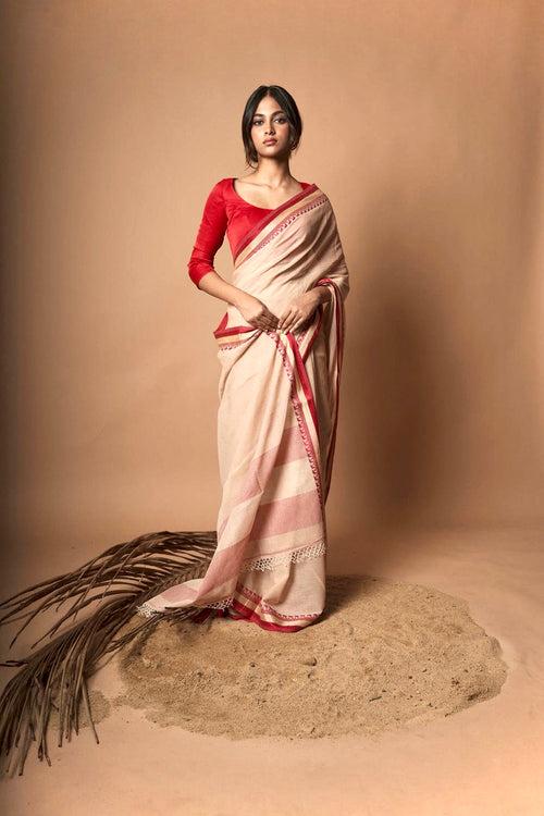 Terra I Beige cotton saree with  red  border