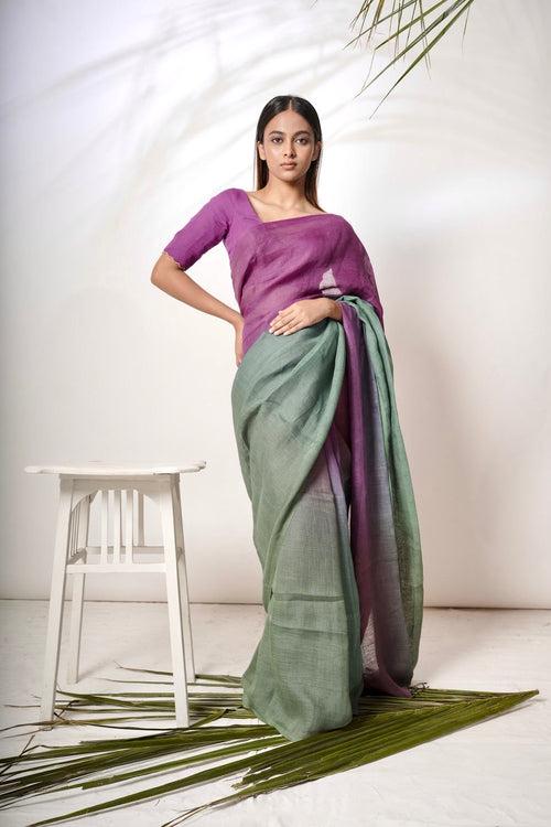 Meher I Green and Purple Linen Saree