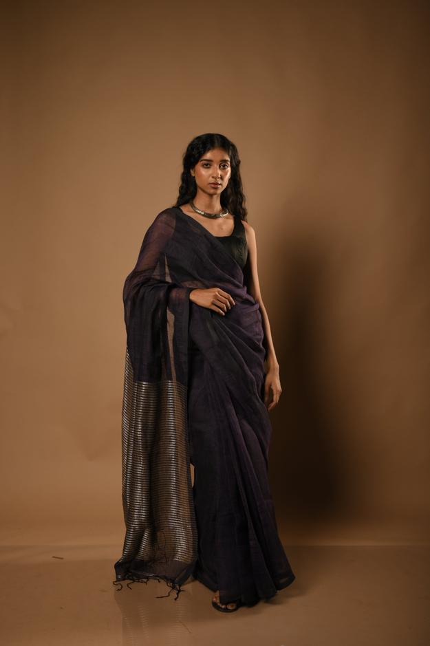 Inaayat I Purple Handloom Linen Saree with Zari Striped Pallu