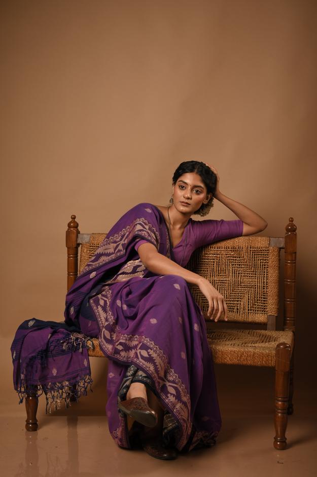 Raag Jaimini I Blue and purple Handloom cotton jamdani saree