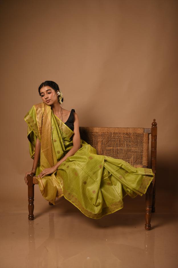 Raag Kalyan I Light Green cotton silk saree with woven brown border