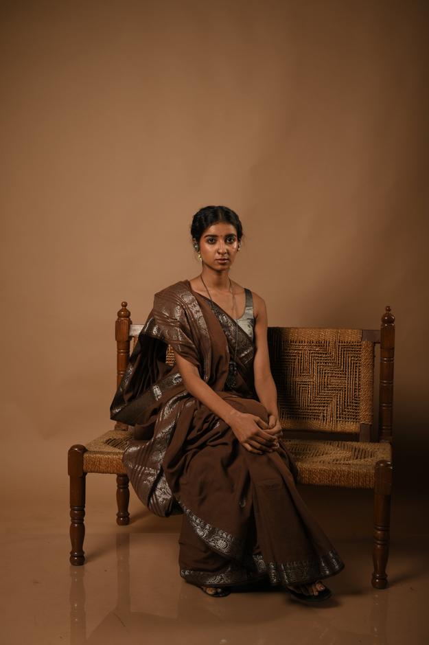 Raag Bhairavi I Brown cotton Handloom saree with zari border