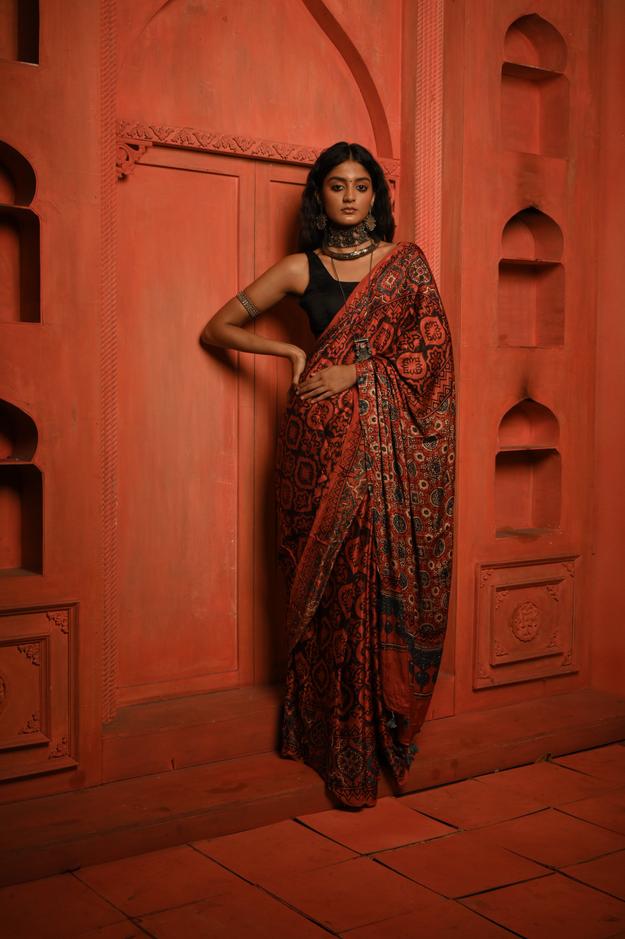 Tarangini I Red Handloom modal silk Ajrakh saree