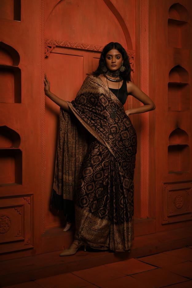 Ranjini I Brown Handloom modal silk Ajrakh saree