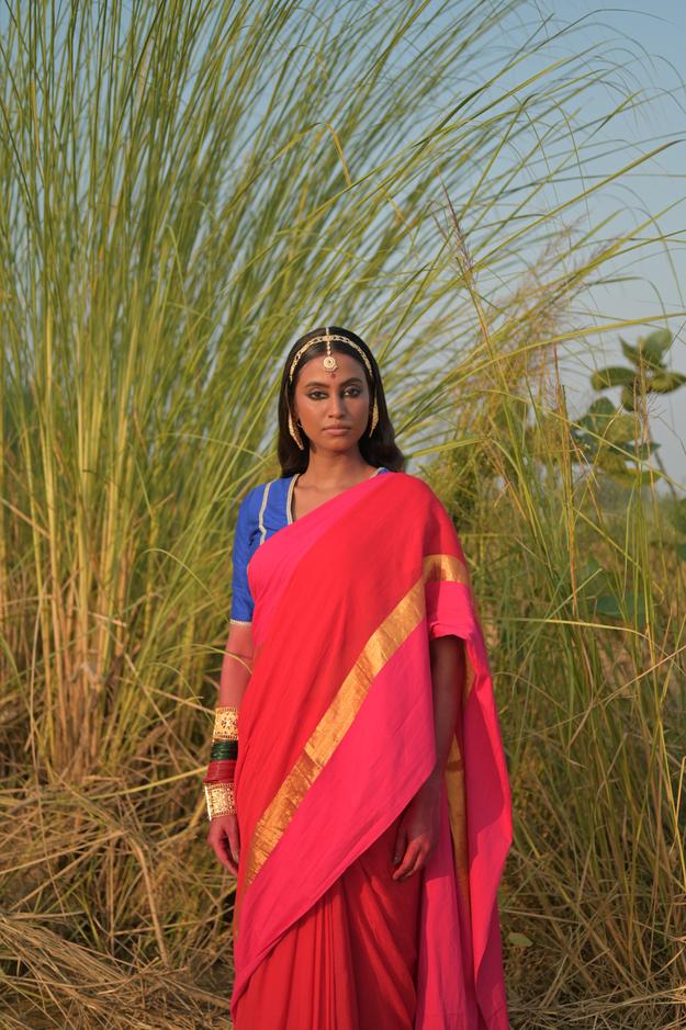 Dayita I Red Handloom Cotton Saree with Pink and Golden Border