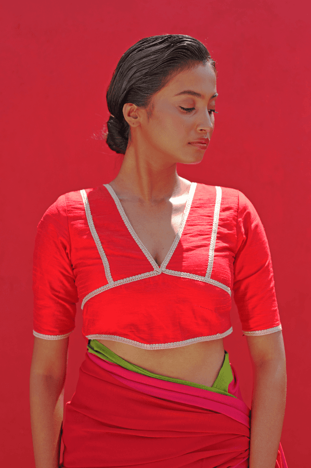 Agnita I Red Cotton Silk Designer Blouse with Silver Zari Trim