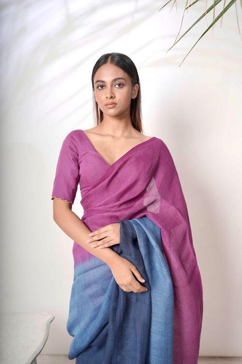 Neel Gagan I Blue and Purple Handloom Linen Saree