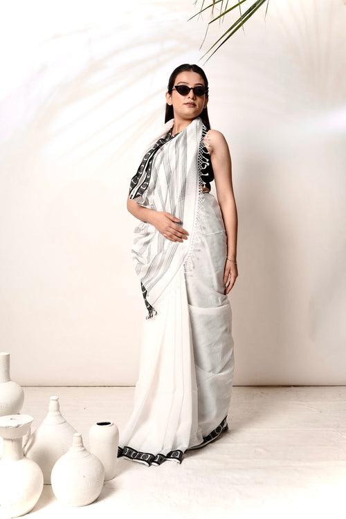 Ethereal I White cotton handloom saree with twill  border